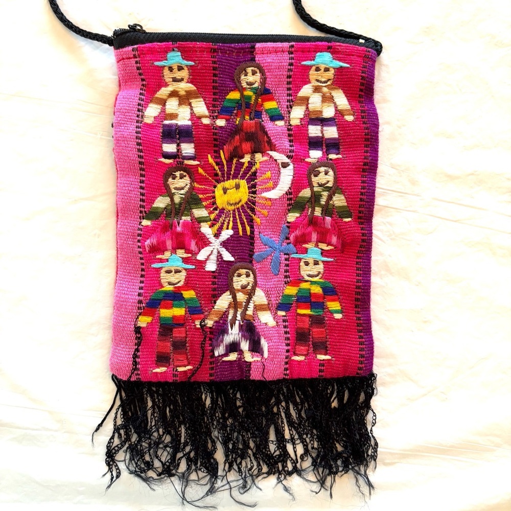 Vintage Crossbody worry dolls embroidered pink handmade in Peru. NWOT - Picture 1 of 11